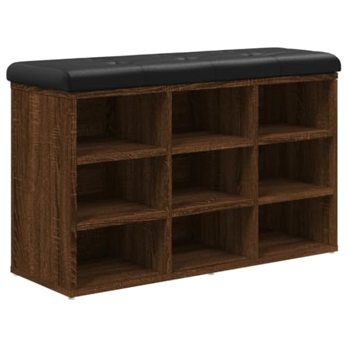 Makastle Schuhbank Rechteckig mit Dickes Sitzkissen, Eingangshocker mit 9 Ablagefächer für Schlafzimmer Wohnzimmer, Braun Eichen-Optik 82x32x50 cm Holzwerkstoff von Makastle