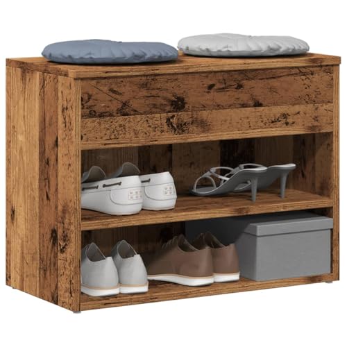 Makastle Schuhbank mit 2 Regale und 1 Abdeckung, Schuhregal mit Ablagefach für Eingang, Flur, Einfach zu montieren, Altholz-Optik 60x30x45 cm Holzwerkstoff von Makastle