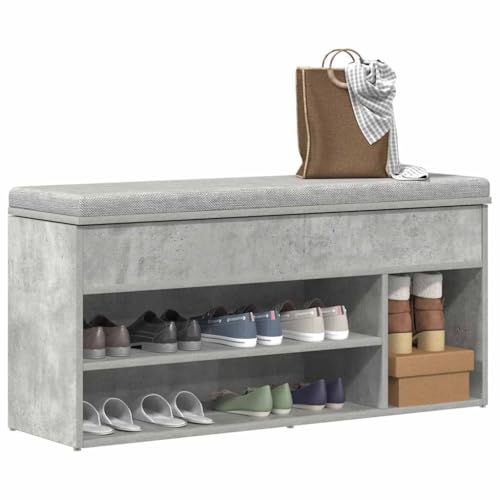 Makastle Schuhbank mit Ablagefach, Schuhregal mit 3 offene Fächer für Eingang, Flur, Bequeme Aufbewahrung, Betongrau 102x30,5x45 cm Holzwerkstoff von Makastle