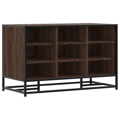 Makastle Schuhbank mit Metallrahmen, Fußbank, Flurhocker mit 9 offene Fächer für Wohnzimmer Schlafzimmer, Braun Eichen-Optik 84x40x53,5 cm Holzwerkstoff von Makastle