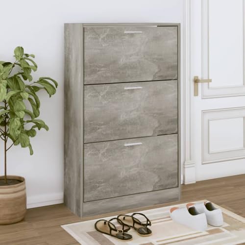 Makastle Schuhschrank mit 3 Klappen und 3 Fächer, Schuhregal Robust mit Griff für Flur, Schlafzimmer, Platz sparen, Betongrau 63x24x103 cm Holzwerkstoff von Makastle