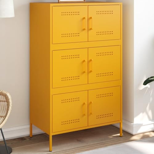 Makastle Sideboard Metall, Kommode mit 6 Fächern, Buffetschrank Aufbewahrungsschrank für Schlafzimmer, Wohnzimmer, Senfgelb 68x39x113 cm Stahl von Makastle