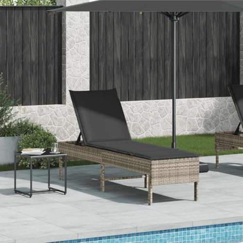 Makastle Sonnenliege mit Dunkelgrau Auflage, 4-Fach Verstellbarer Rückenlehne, Campingliege für Strand, Pool, Garten, Hellgrau 55x200x44 cm Poly Rattan von Makastle