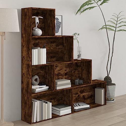 Makastle Treppe Bücherregal mit 6 offene Fächer, Vitrine für Schlafzimmer, Wohnzimmer, Einfach zu montieren und zu reinigen, Räuchereiche 155x24x160 cm von Makastle