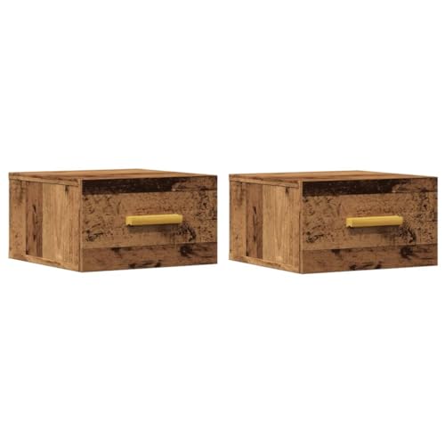 Makastle Wand-Nachttisch 2er Set, Wandregal Organizer mit Schublade und Holzgriff für Schlafzimmer Arbeitszimmer Büro, Altholz-Optik 35x35x20 cm Holzwerkstoff von Makastle