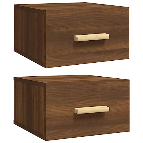 Makastle Wand-Nachttisch 2er Set, Wandregal Organizer mit Schublade und Holzgriff für Schlafzimmer Arbeitszimmer Büro, Braun Eichen-Optik 35x35x20 cm Holzwerkstoff von Makastle