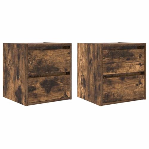 Makastle Wand-Nachttisch mit 2 Schubladen 2er Set, Wand-Sofatisch Rechteckig für Bücher Bilderrahmen Pflanzen, Räuchereiche 38x34x40 cm Holzwerkstoff von Makastle