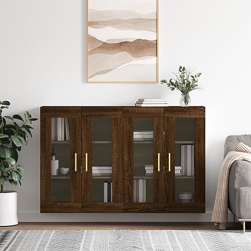 Makastle Wandschränke 2er Set, Anrichte mit 2 Glasstüren und 3 Ablage, Bücherschrank mit Goldfarbener Metallgriff Wohnzimmer, Korridor, Küche, Braun Eichen-Optik Holzwerkstoff 69,5 x 34 x 90 cm von Makastle