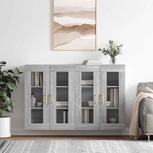 Makastle Wandschränke 2er Set, Anrichte mit 2 Glasstüren und 3 Ablage, Bücherschrank mit Goldfarbener Metallgriff Wohnzimmer, Korridor, Küche, Grau Sonoma Holzwerkstoff 69,5 x 34 x 90 cm von Makastle
