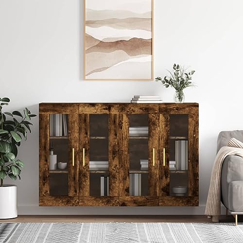 Makastle Wandschränke 2er Set, Anrichte mit 2 Glasstüren und 3 Ablage, Bücherschrank mit Goldfarbener Metallgriff Wohnzimmer, Korridor, Küche, Räuchereiche Holzwerkstoff 69,5 x 34 x 90 cm Makastle Wandschränke 2er Set, Anrichte mit 2 Glasstüren und 3 Ablage, Bücherschrank mit Goldfarbener Metallgriff Wohnzimmer, Korridor, Küche, Räuchereiche Holzwerkstoff 69,5 x 34 x 90 cm von Makastle