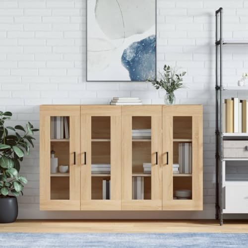 Makastle Wandschränke 2er Set, Anrichte mit 2 Glasstüren und 3 Ablage, Bücherschrank mit Griff Wohnzimmer, Korridor, Küche, Sonoma-Eiche Holzwerkstoff 69,5 x 34 x 90 cm von Makastle