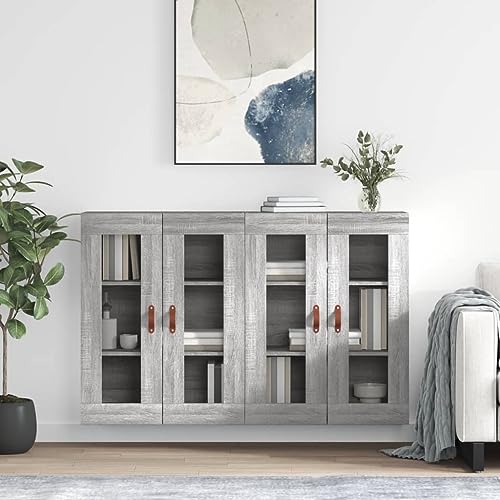 Makastle Wandschränke 2er Set, Anrichte mit 2 Glasstüren und 3 Ablage, Standschrank mit Ledergriffe für Wohnzimmer, Korridor, Küche, Grau Sonoma Holzwerkstoff 69,5 x 34 x 90 cm Makastle Wandschränke 2er Set, Anrichte mit 2 Glasstüren und 3 Ablage, Standschrank mit Ledergriffe für Wohnzimmer, Korridor, Küche, Grau Sonoma Holzwerkstoff 69,5 x 34 x 90 cm von Makastle