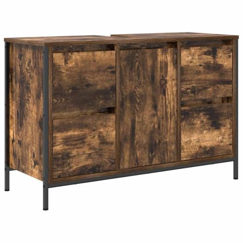 Makastle Waschbeckenunterschrank mit Schublade & Tür, Badschrank mit Stahlrahmen für Einkaufszentrum Hotel, Holzwerkstoff 90 x 34,5 x 60 cm Räuchereiche von Makastle