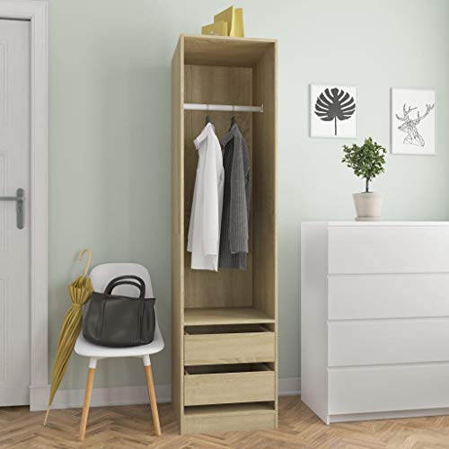 Mehrzweckschrank mit 2 Schubladen, 1 großes Fach mit einer Hängestange, Kleiderschrank Dielenschrank Schlafzimmerschrank für Kleidung, Garderobe Kleiderstange für Schlafzimmer Flur, 50x50x200 cm von Makastle