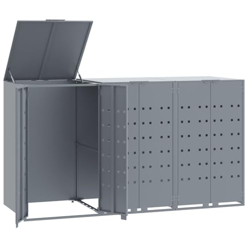 Mülltonnenbox mit Abdeckung für 3 Mülleimer, Mülltonnenverkleidung mit 2 Türen und Stahlrahmen für Veranda Parks, Grau 207x79x117 cm von Makastle