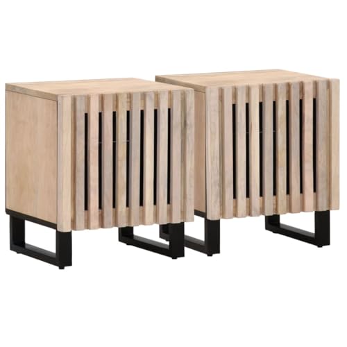 Nachttische 2er Set, Night Stand Nachtschrank Schlichter Beistelltisch Kommode für Schlafzimmer Wohnzimmer, 40x34x46 cm Gebleichtes Massivholz Mango von Makastle