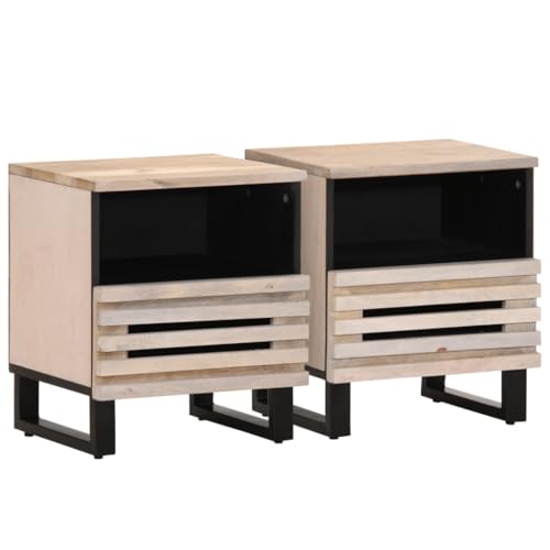 Nachttische 2er Set, Night Stand Nachtschrank Schlichter Beistelltisch Kommode für Schlafzimmer Wohnzimmer, 40x34x46 cm Gebleichtes Massivholz Mango von Makastle