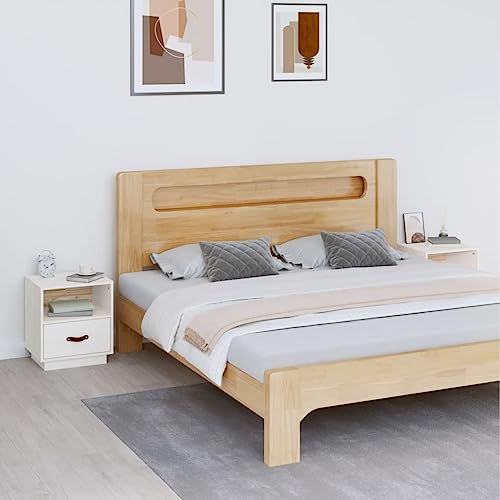 Nachttische 2er Set, Night Stand Nachtschrank Schlichter Beistelltisch Kommode für Schlafzimmer Wohnzimmer, Weiß 40x34x45 cm Massivholz Kiefer von Makastle