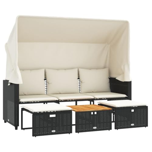 Outdoor-Sofa mit Einziehbare Markise, Polyrattan-Stuhl 3-Sitzer mit Fußbank Tisch & Stahlrahmen für Terrasse Balkon, Schwarz 176 x 139 x 61 cm Outdoor-Sofa mit Einziehbare Markise, Polyrattan-Stuhl 3-Sitzer mit Fußbank Tisch & Stahlrahmen für Terrasse Balkon, Schwarz 176 x 139 x 61 cm von Makastle