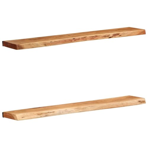 Rechteck Wandregale, 2er Set, Wandboard für Bilderrahmen, Deko, Regal für Wohnzimmer, Arbeitszimmer, Küche, Braun 100x20x3.5 cm Massivholz Akazie von Makastle