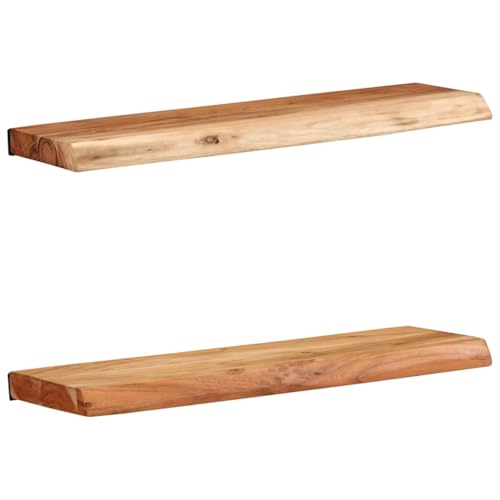 Rechteck Wandregale, 2er Set, Wandboard für Bilderrahmen, Deko, Regal für Wohnzimmer, Arbeitszimmer, Küche, Braun 60x20x3,5 cm Massivholz Akazie von Makastle