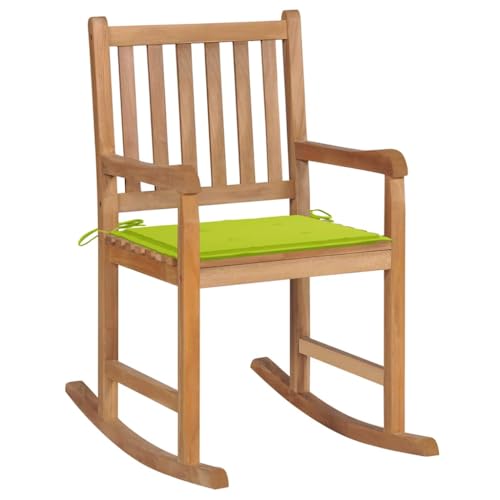 Schaukelstuhl mit Hellgrün Kissen, Loungesessel mit Lattenrost-Design für Balkon Terrasse, Atmungsaktiv, Braun 58 x 92.5 x 106 cm Massivholz Teak von Makastle