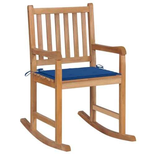 Schaukelstuhl mit Königsblau Kissen, Loungesessel mit Lattenrost-Design für Balkon Terrasse, Atmungsaktiv, Braun 58 x 92.5 x 106 cm Massivholz Teak von Makastle