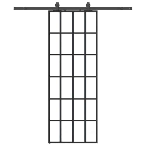 Schiebetür Rechteckig mit Aluminiumrahmen, Innentüren mit Beschlag und Gleitschienen aus Stahl für Küche Esszimmer, Schwarz 76x205 cm ESG-Glas von Makastle