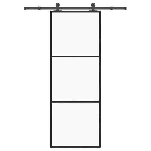Schiebetür mit Beschlag, Hängeschienen-Phylum mit Softclose-Automatik für Badezimmer Esszimmer, Schwarz 76x205 cm ESG-Glas & Aluminium von Makastle