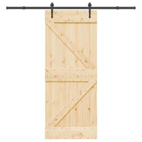 Schiebetür mit Beschlag, Innentüren mit 213.5 cm Stahlgleitschienen und Türstopper für Esszimmer Scheune, Schwarz & Braun 85x210 cm Massivholz Kiefer von Makastle
