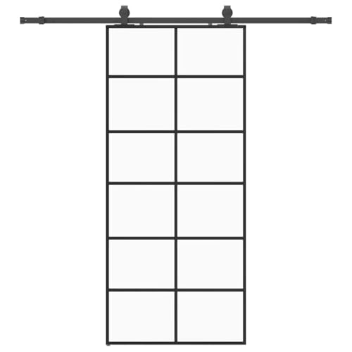 Schiebetür mit Beschlag, Innentüren mit Aluminiumrahmen und Gleitschienen aus Stahl für Esszimmer Küche, Schwarz 90x205 cm ESG-Glas von Makastle