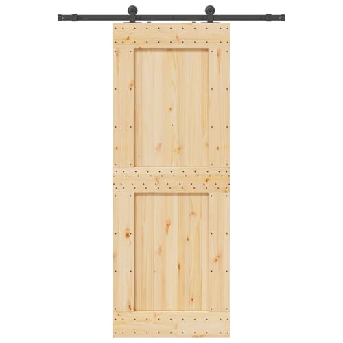 Schiebetür mit Beschlag, Scheunentor mit 152.5 cm Gleitschienen aus Stahl & Türstopper für Küche Esszimmer, Schwarz & Braun 85x210 cm Massivholz Kiefer von Makastle