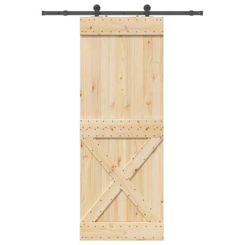 Schiebetür mit Beschlag, Scheunentor mit 152.5 cm Gleitschienen aus Stahl & Türstopper für Küche Esszimmer, Schwarz & Braun 85x210 cm Massivholz Kiefer Schiebetür mit Beschlag, Scheunentor mit 152.5 cm Gleitschienen aus Stahl & Türstopper für Küche Esszimmer, Schwarz & Braun 85x210 cm Massivholz Kiefer von Makastle