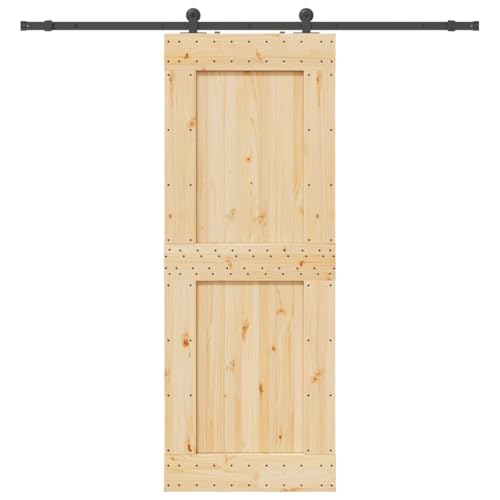 Schiebetür mit Beschlag, Scheunentor mit 213.5 cm Gleitschienen aus Stahl & Türstopper für Küche Esszimmer, Schwarz & Braun 85x210 cm Massivholz Kiefer Schiebetür mit Beschlag, Scheunentor mit 213.5 cm Gleitschienen aus Stahl & Türstopper für Küche Esszimmer, Schwarz & Braun 85x210 cm Massivholz Kiefer von Makastle