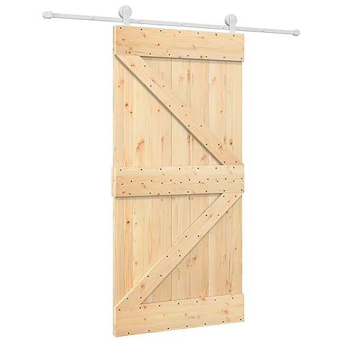 Schiebetür mit Beschlag, Scheunentür mit Türstopper & Stahlgleitschienen für Schlafzimmer Esszimmer, Weiß & Braun 100x210 cm Massivholz Kiefer Schiebetür mit Beschlag, Scheunentür mit Türstopper & Stahlgleitschienen für Schlafzimmer Esszimmer, Weiß & Braun 100x210 cm Massivholz Kiefer von Makastle