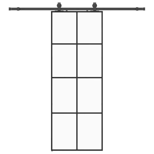 Schiebetür mit Beschlag und 200 cm Gleitschienen, Innentüren Rechteckig aus Transparent ESG-Glas für Schlafzimmer Küche, Schwarz 76x205 cm Aluminium von Makastle