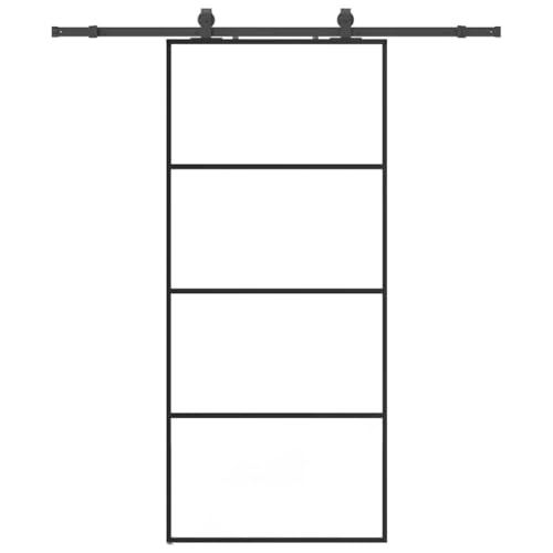 Schiebetür mit Stahlgleitschienen, Hängeschienentür mit Beschlag & Aluminiumrahmen für Küche Ankleidezimmer, Schwarz 90x205 cm Transparent ESG-Glas von Makastle
