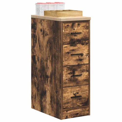 Schmaler Schrank mit 4 Schubladen, Sideboard Kommode Beistellschrank Mehrzweckschrank Standschrank Flurschrank, Räuchereiche Massivholz Kiefer von Makastle