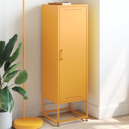 Sideboard Metall mit 3 Fächern, Metallschrank Aufbewahrungsschrank Wohnzimmerschrank Beistellschrank Mehrzweckschrank, Senfgelb 36x39x123 cm Stahl von Makastle