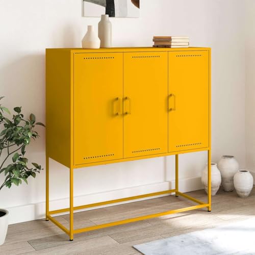Sideboard Metall mit 6 Fächern, Metallschrank Aufbewahrungsschrank Wohnzimmerschrank Beistellschrank Mehrzweckschrank, Senfgelb 100,5x39x107 cm Stahl von Makastle