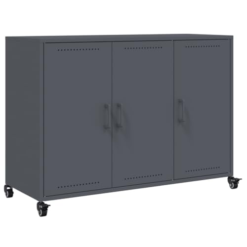 Makastle Sideboard mit 3 Türen und 6 Fächer, Aufbewahrungsschrank mit 4 Rollen für Wohnzimmer Arbeitszimmer, Anthrazit 100,5x39x72 cm Stahl von Makastle