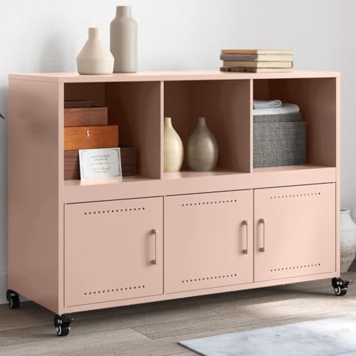 Sideboard mit 3 Türen 6 Fächern, Bücherregal mit 4 Rollen, Aktenschrank, Badschrank für Wohnzimmer, Schlafzimmer, Rosa 100,5x39x72 cm Stahl Sideboard mit 3 Türen 6 Fächern, Bücherregal mit 4 Rollen, Aktenschrank, Badschrank für Wohnzimmer, Schlafzimmer, Rosa 100,5x39x72 cm Stahl von Makastle