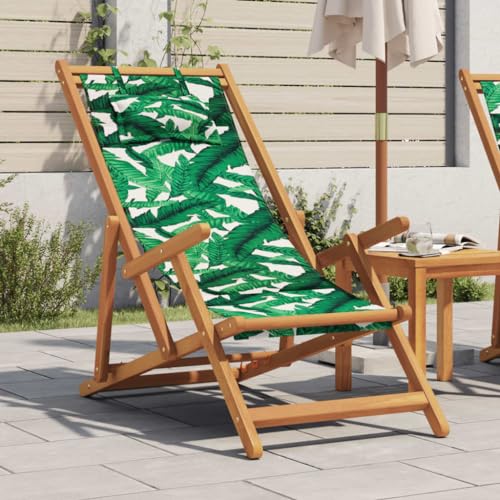 Strandstuhl mit Kopfstütze & Armlehne, Klappstuhl mit 3-Fach verstellbar für Pool Balkon, Platz sparen, Stoff und Holzrahmen 60 x 112 x 95cm Blattmuster von Makastle