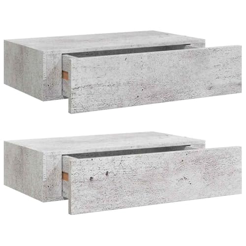 Wandregal mit Schublade, 2er Set, Nachttisch mit Regal, Wandboards für Schlafzimmer Büro Wohnzimmer, Belastung 10 kg, Betongrau 40x23,5x10cm MDF von Makastle