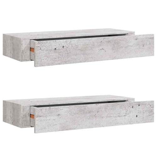 Wandregal mit Schublade, 2er Set, Nachttisch mit Regal, Wandboards für Schlafzimmer Büro Wohnzimmer, Belastung 10 kg, Betongrau 60x23,5x10 cm MDF von Makastle