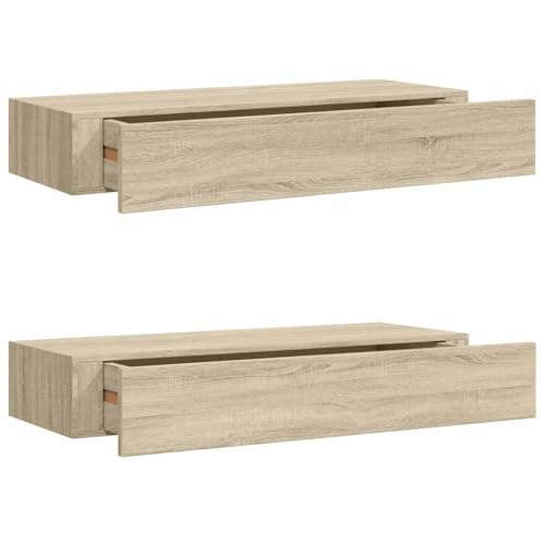 Wandregal mit Schublade, 2er Set, Nachttisch mit Regal, Wandboards für Schlafzimmer Büro Wohnzimmer, Belastung 10 kg, Eichen-Optik 60x23,5x10 cm MDF von Makastle