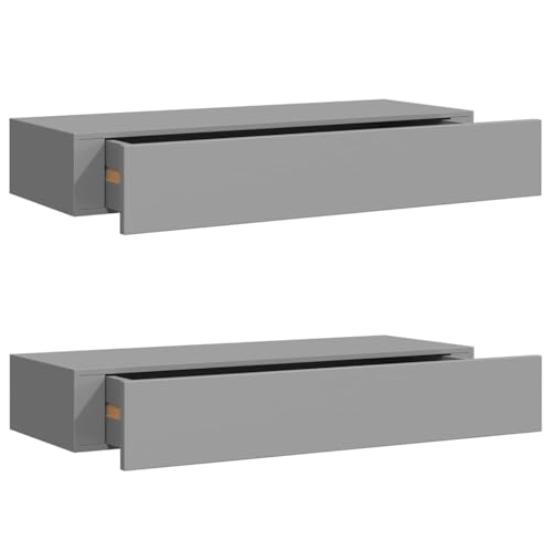 Wandregal mit Schublade, 2er Set, Nachttisch mit Regal, Wandboards für Schlafzimmer Büro Wohnzimmer, Belastung 10 kg, Grau 60x23,5x10 cm MDF von Makastle