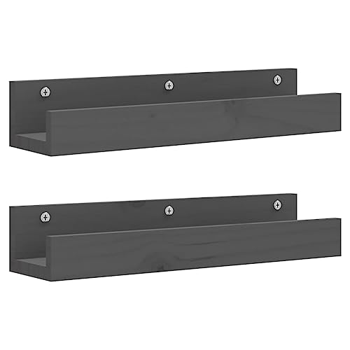 Wandregale, 2er Set, Hängeregale mit hohen Kanten für Bilderrahmen Gewürze, Schweberegal für Küche Wohnzimmer, Grau 50x12x9 cm Massivholz Kiefer von Makastle