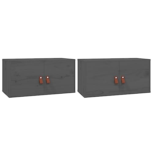 Wandschrank, 2er Set, Badschrank mit 2 Türen & 2 Fächer, Hängeschrank mit handhaben für Garage Werkstatt, Grau 60x30x30 cm Massivholz Kiefer von Makastle