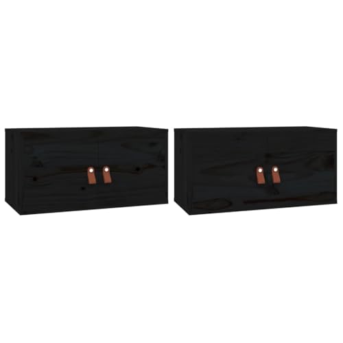 Wandschrank, 2er Set, Badschrank mit 2 Türen & 2 Fächer, Hängeschrank mit handhaben für Garage Werkstatt, Schwarz 60x30x30 cm Massivholz Kiefer von Makastle
